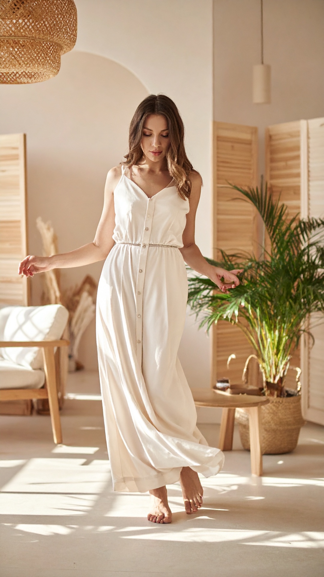 Model in slip dress walking through a sunlit room of palms and rattan.