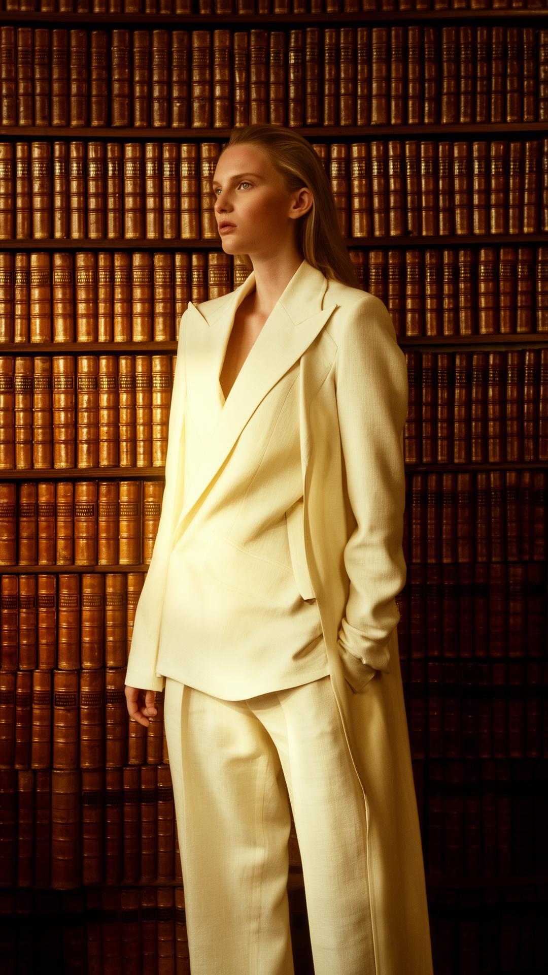 Model in a cream linen suit in front of a wall of leather books.
