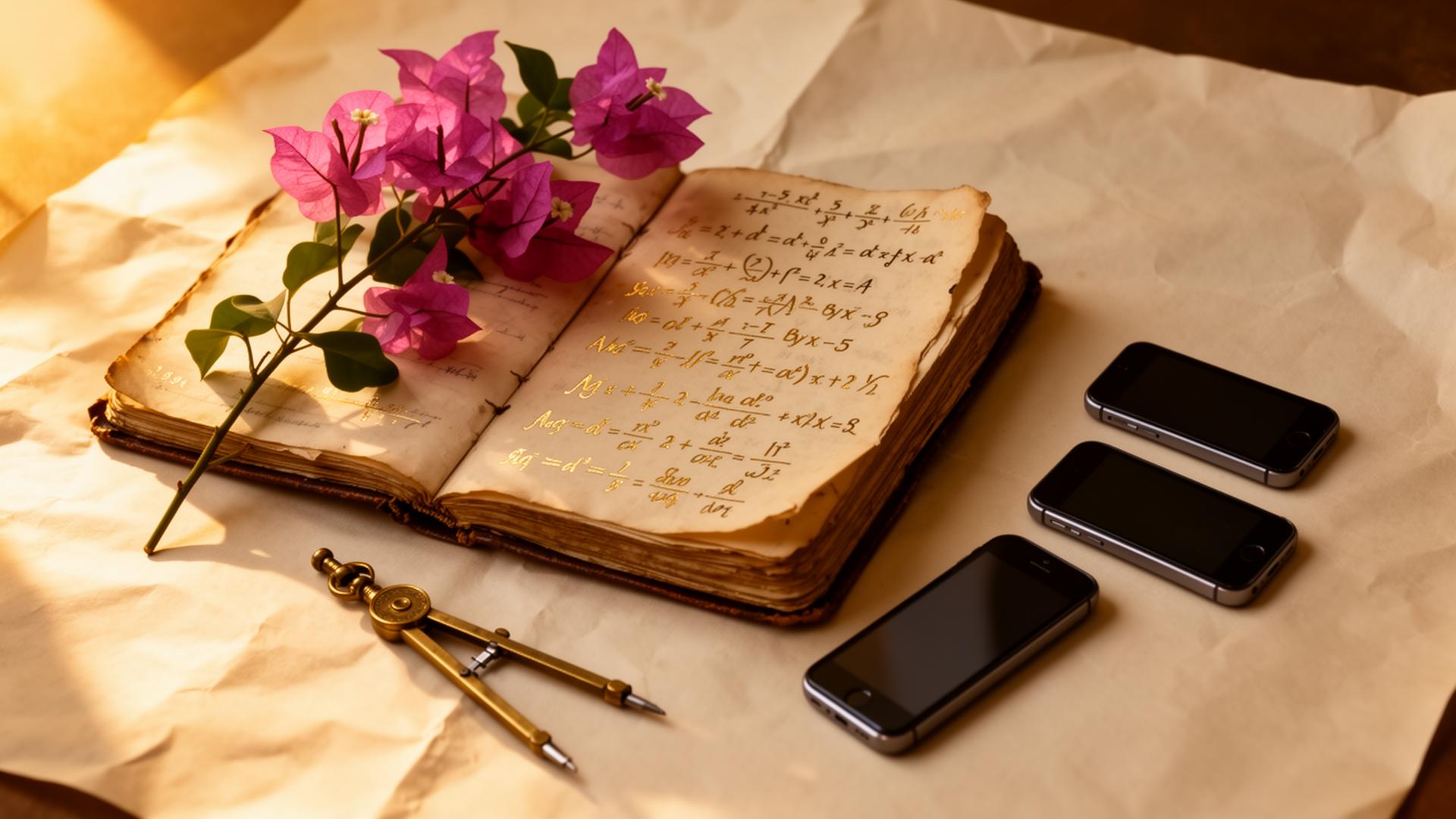 Still life with antique notebook, bougainvillea, brass compass, and three phones.